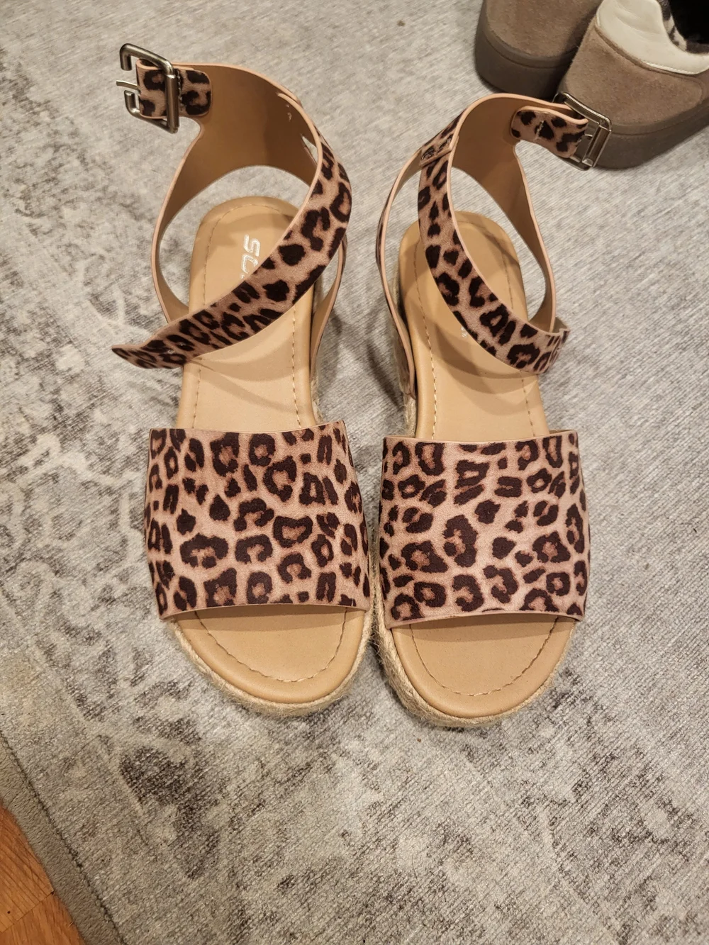 Leopard Print Ankle Strap Wedge Sandals - Women